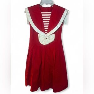 Vintage Sailor Girls Nautical Collar Bow Red White Swing Dress Cotton Size 12/14